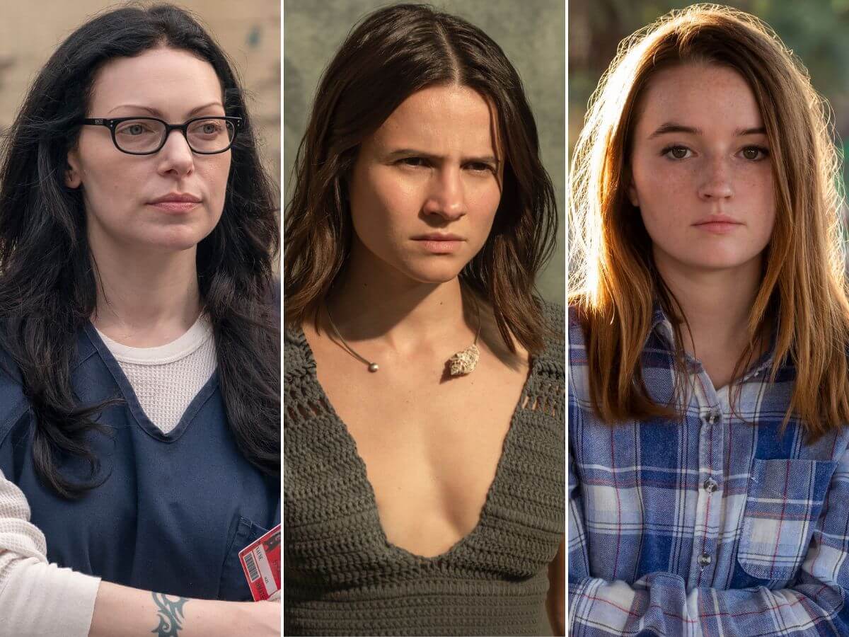 Laura Prepon (à esq.) em Orange Is the New Black; Bianca Comparato em 3%; e Kaitlyn Dever em Inacreditável