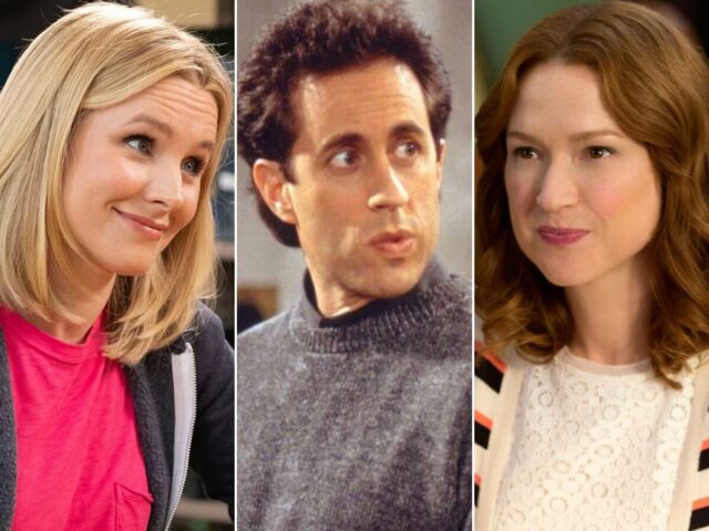 Kristen Bell em The Good Place (à esq.); Jerry Seinfeld em Seinfeld; e Ellie Kemper em Unbreakable Kimmy Schmidt