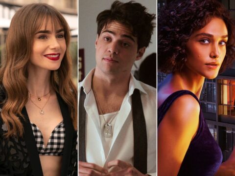 Lily Collins em Emily em Paris (à esq.); Noah Centineo em Recruta e Débora Nascimento em Olhar Indiscreto