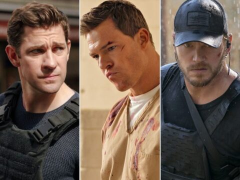 John Krasinski em Jack Ryan (à esq.), Alan Ritchson em Reacher e Chris Pratt em A Lista Terminal