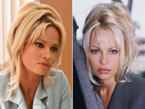 Lily James em Pam & Tommy (à esq.) e Pamela Anderson Lily James em Pam & Tommy (à esq.) e Pamela Anderson
