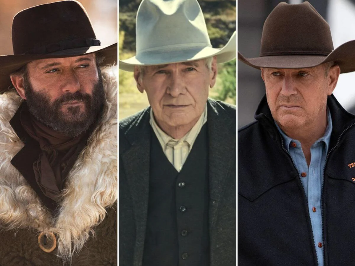 Tim McGraw (à esq., 1883), Harrison Ford (1923) e Kevin Costner (Yellowstone); tripé da franquia