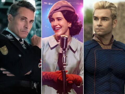 Séries destaques do Prime Video: O Homem do Castelo Alto (à esq.), The Marvelous Mrs. Maisel e The Boys