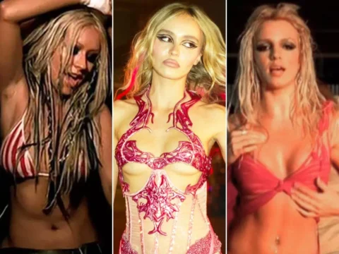 Christina Aguilera (à esq.) Jocelyn (Lily-Rose Depp) e Britney Spears