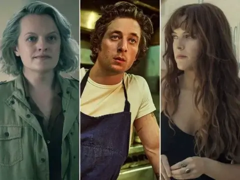 Elisabeth Moss em The Handmaid's Tale (à esq.), Jeremy Allen White em O Urso e Riley Keough em Daisy Jones & The Six