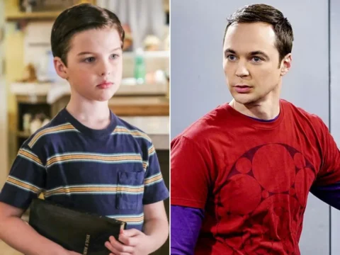 Sheldon Cooper em suas versões mirim (Iain Armitage, à esq.) e adulta (Jim Parsons)