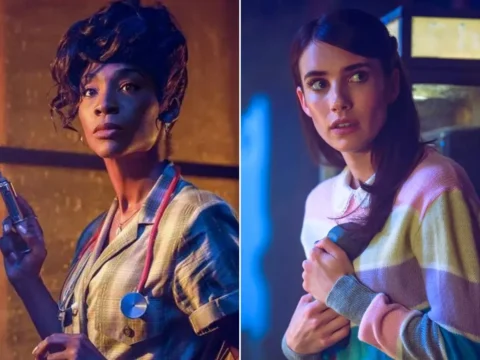 Angelica Ross (à esq.) e Emma Roberts em imagens de AHS: 1984 Angelica Ross (à esq.) e Emma Roberts em imagens de AHS: 1984