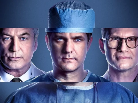Alec Baldwin (à esq.), Joshua Jackson e Christian Slater em pôster de Dr. Death