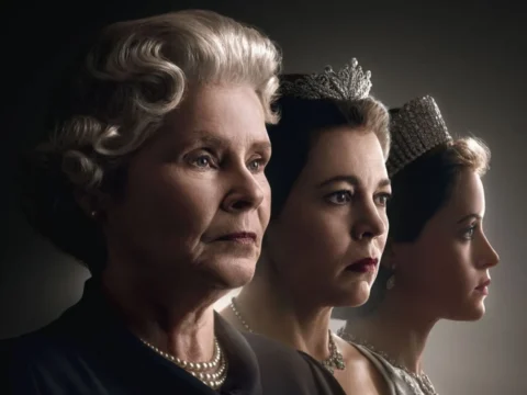 Cartaz com as atrizes que interpretaram a rainha Elizabeth 2ª em The Crown