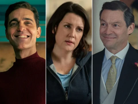 Pedro Alonso em Berlim (à esq.), Melanie Lynskey em Yellowjackets e Dominic West em The Crown