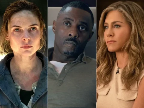 Rebecca Ferguson em Silo (à esq.), Idris Elba em Sequestro no Ar e Jennifer Aniston em The Morning Show Rebecca Ferguson em Silo (à esq.), Idris Elba em Sequestro no Ar e Jennifer Aniston em The Morning Show