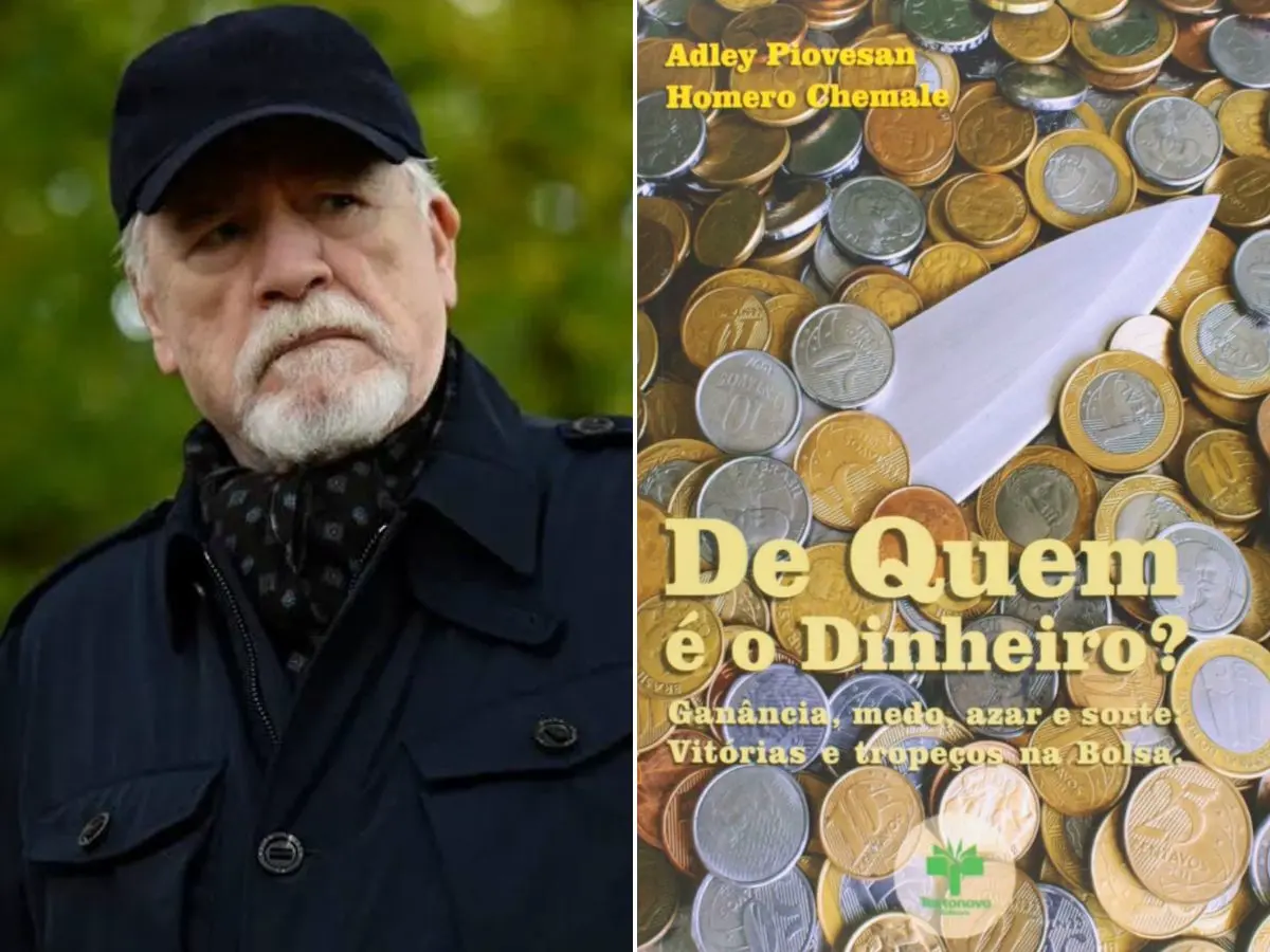 Brian Cox em Succession e capa do livro De Quem É o Dinheiro?