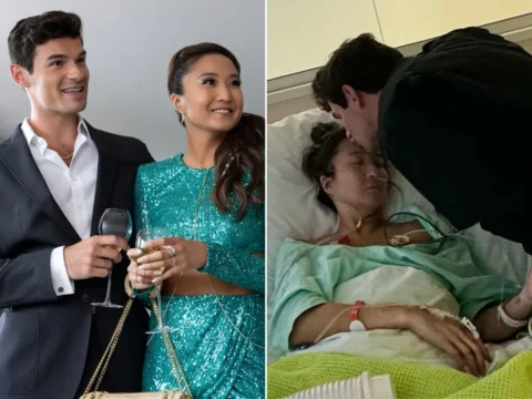 Paul Forman com Ashley Park em Emily em Paris (à esq) e em quarto de hospital