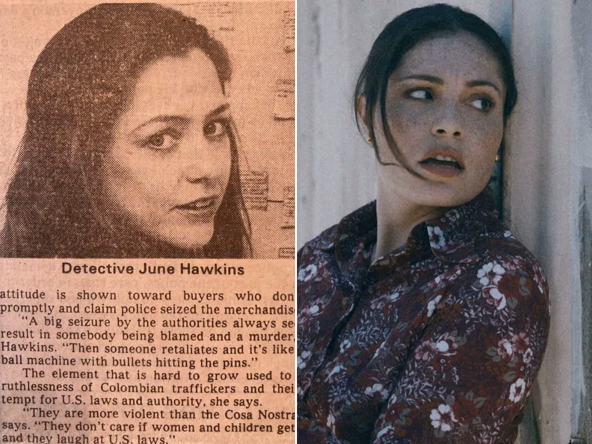 Recorte de jornal sobre a detetive June Hawkins; Juliana Aidén Martinez em Griselda
