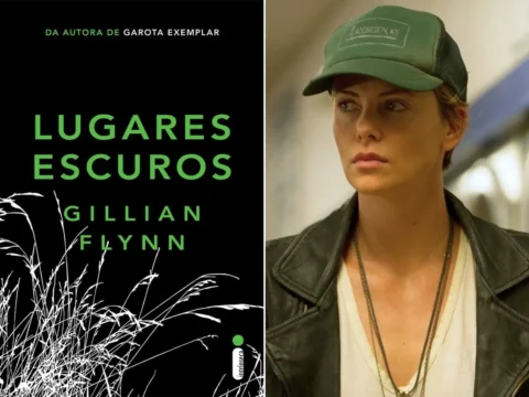 Capa do livro Lugares Escuros; Charlize Theron no filme Capa do livro Lugares Escuros; Charlize Theron no filme