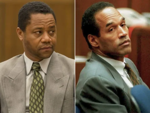 Cuba Gooding Jr. em ACS (à esq.); O.J. Simpson no tribunal