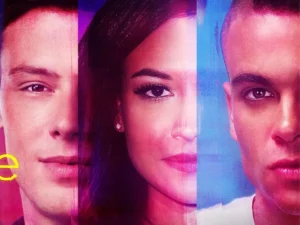 Cory Monteith (à esq.), Naya Rivera e Mark Salling em cartaz de O Preço da Fama