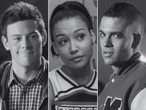 Cory Monteith (à esq.), Naya Rivera e Mark Salling; astros de Glee Cory Monteith (à esq.), Naya Rivera e Mark Salling; astros de Glee