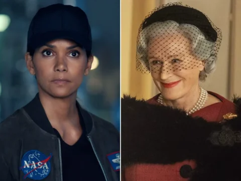 Halle Berry em Moonfall (à esq.); Glenn Close em The New Look Halle Berry em Moonfall (à esq.); Glenn Close em The New Look