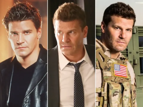 David Boreanaz em Angel (à esq.), Bones e Seal Team David Boreanaz em Angel (à esq.), Bones e Seal Team
