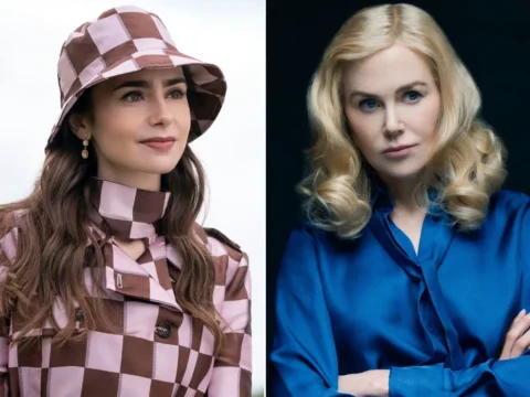 Lily Collins em Emily em Paris (à esq.); Nicole Kidman em O Casal Perfeito Lily Collins em Emily em Paris (à esq.); Nicole Kidman em O Casal Perfeito