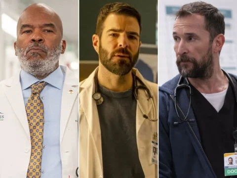 David Alan Grier em St. Denis Medical (à esq.), Zachary Quinto em Brilliant Minds e Noah Wyle em The Pitt