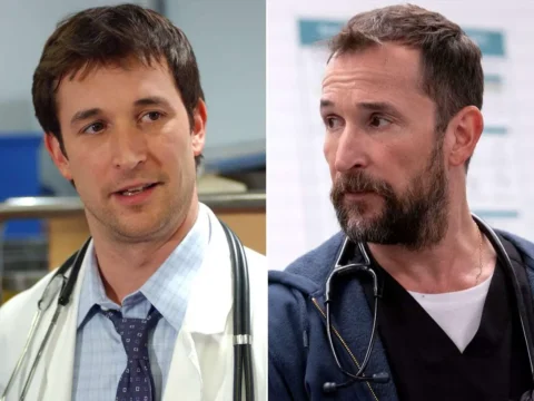 Noah Wyle em Plantão Médico (à esq.) e em The Pitt Noah Wyle em Plantão Médico (à esq.) e em The Pitt