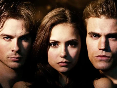 Ian Somerhalder (à esq.), Nina Dobrev e Paul Wesley em pôster de The Vampire Diaries