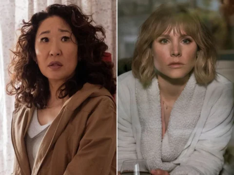 Sandra Oh em Killing Eve (à esq.); Kristen Bell em A Vizinha da Mulher na Janela Sandra Oh em Killing Eve (à esq.); Kristen Bell em A Vizinha da Mulher na Janela