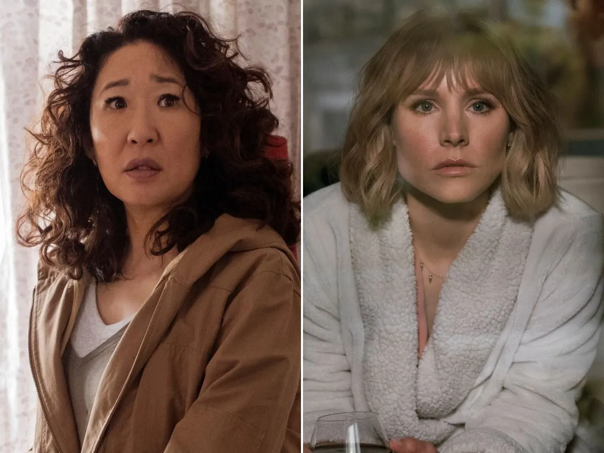 Sandra Oh em Killing Eve (à esq.); Kristen Bell em A Vizinha da Mulher na Janela
