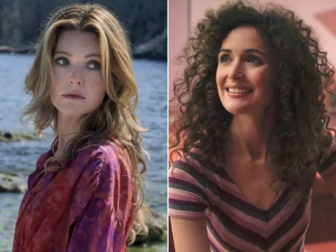 Meghann Fahy em The White Lotus (à esq.); Rose Byrne em Physical Meghann Fahy em The White Lotus (à esq.); Rose Byrne em Physical