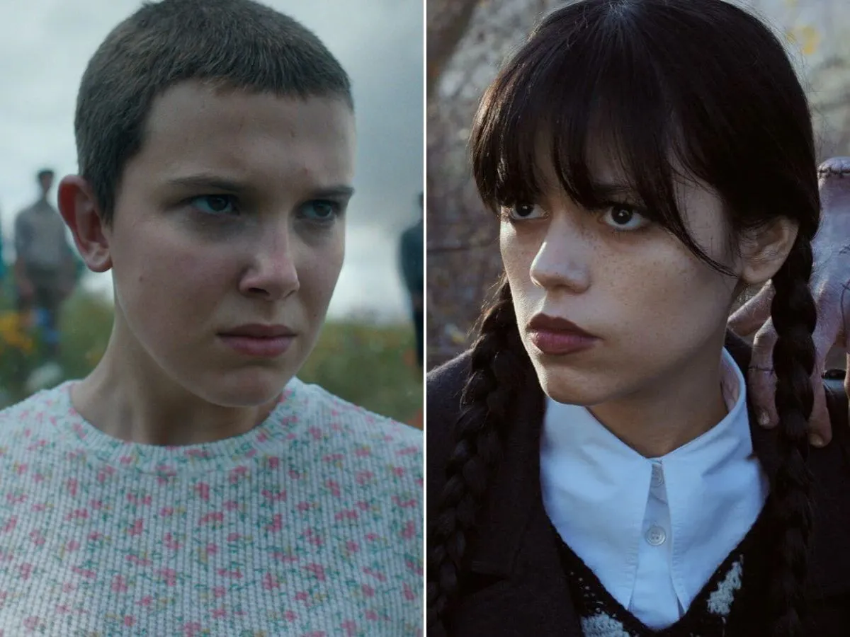 Millie Bobby Brown em Stranger Things (à esq.); Jenna Ortega em Wandinha