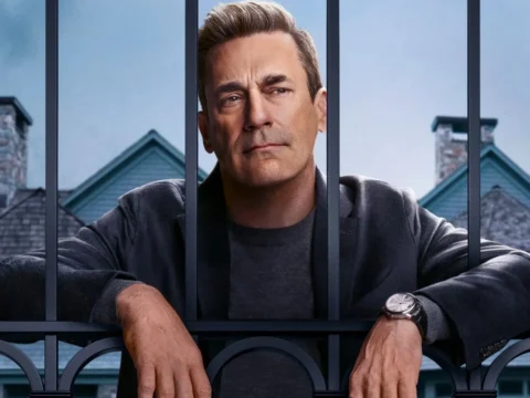 Jon Hamm em pôster de Seus Amigos e Vizinhos Jon Hamm em pôster de Seus Amigos e Vizinhos