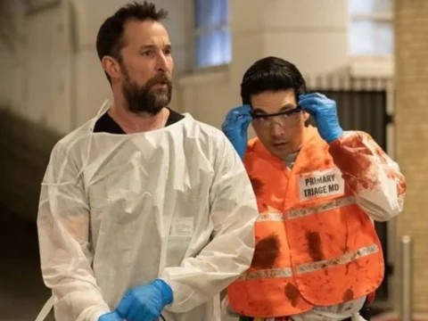 Noah Wyle (à esq.) com Ken Kirby em The Pitt Noah Wyle (à esq.) com Ken Kirby em The Pitt
