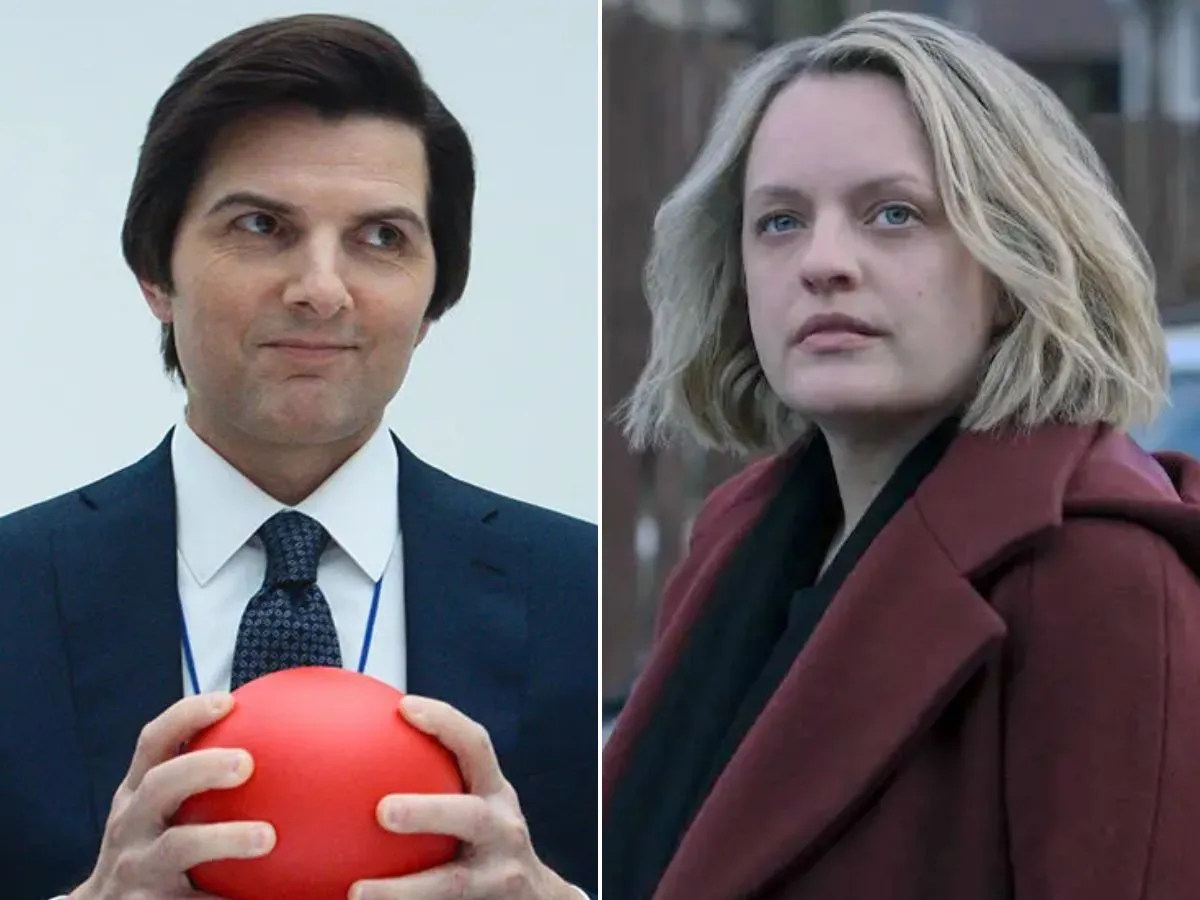 Adam Scott em Ruptura; Elisabeth Moss em The Handmaid's Tale