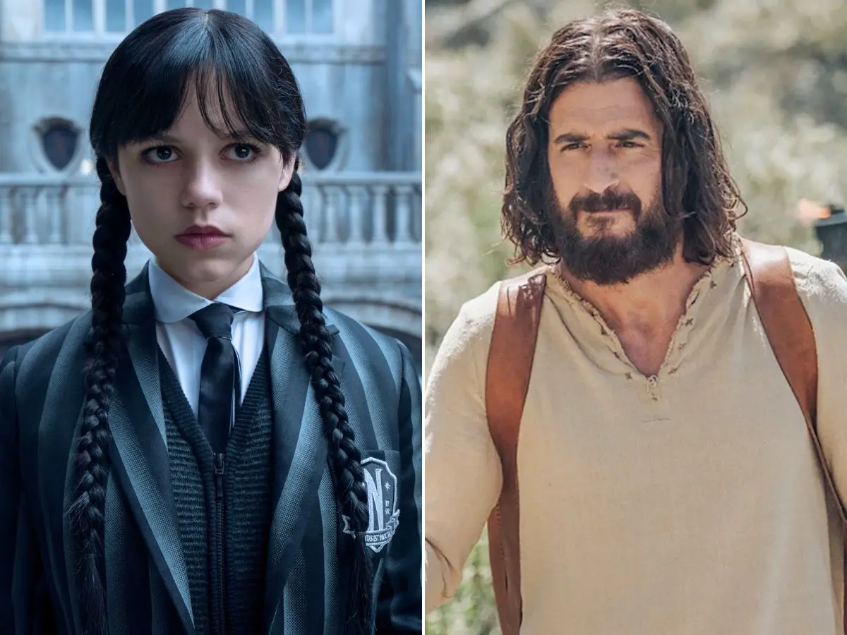 Jenna Ortega em Wandinha; Jonathan Roumie em The Chosen