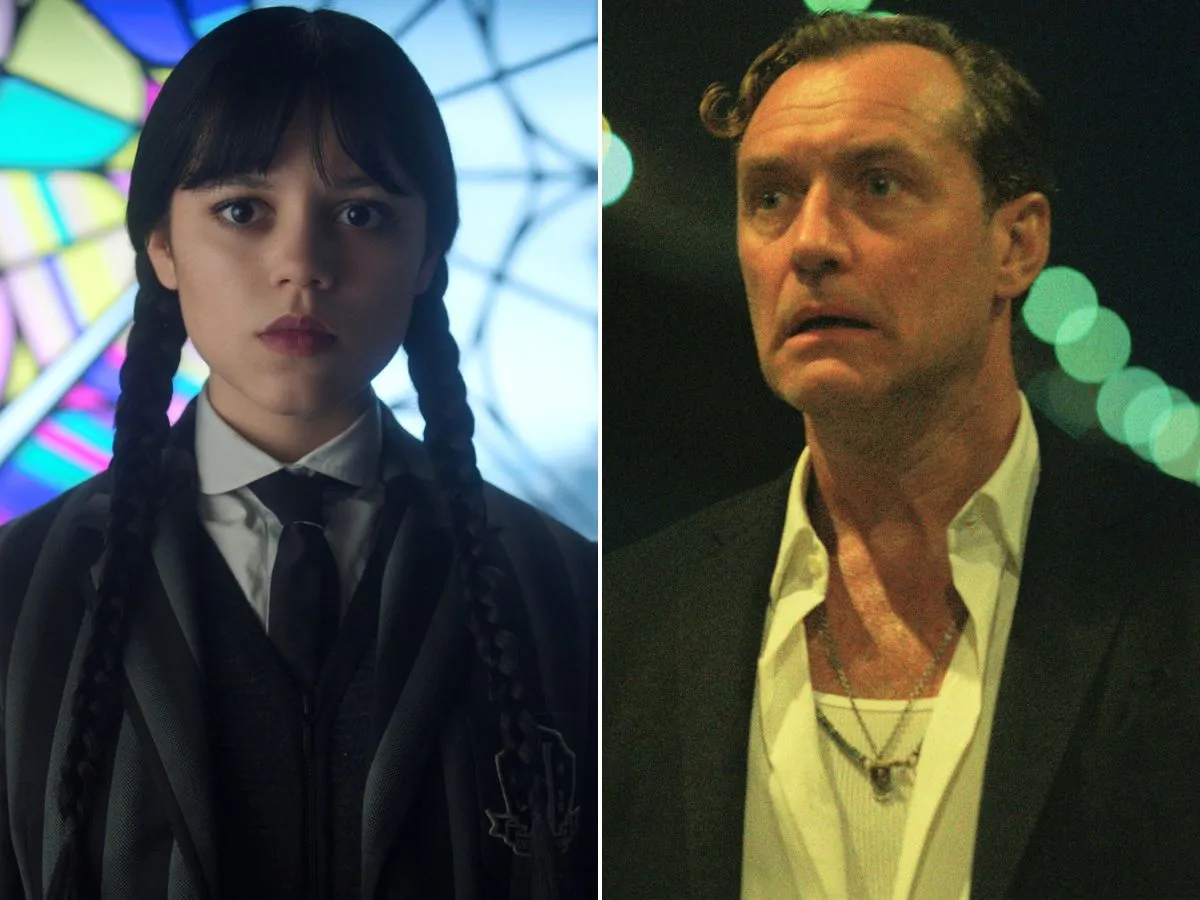 Jenna Ortega em Wandinha; Jude Law em Black Rabbit