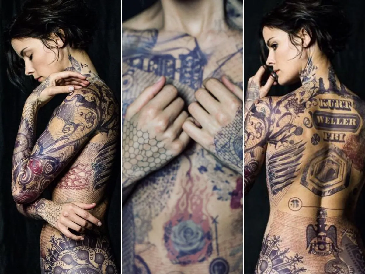 Jaimie Alexander toda tatuada para a série Ponto Cego