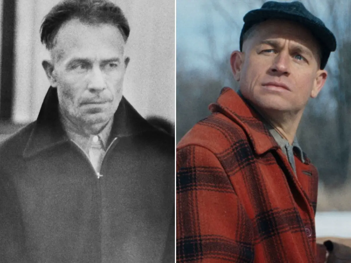 Ed Gein (à esq) e Charlie Hunnam na pele do serial killer em Monstro