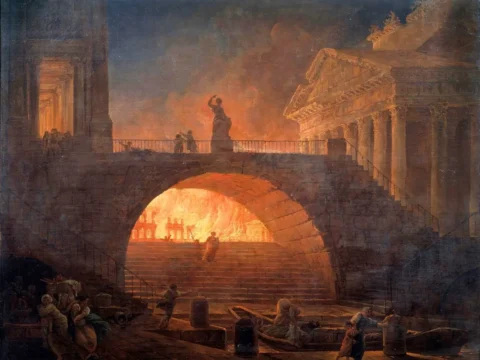 Grande Inc&ecirc;ndio de Roma retratado em quadro de Hubert Robert