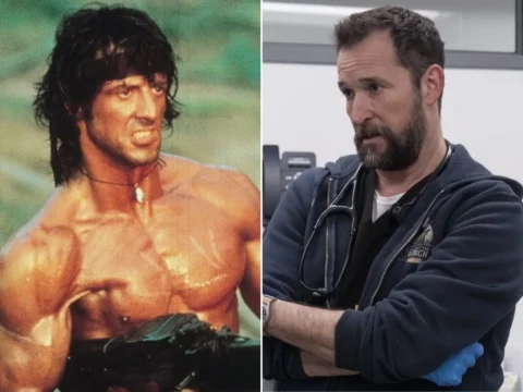 Sylvester Stallone na pele de Rambo; Noah Wyle em cena de The Pitt