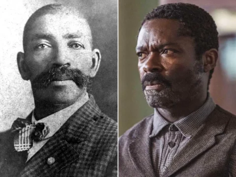Bass Reeves é interpretado por David Oyelowo (à dir.) em Homens da Lei Bass Reeves é interpretado por David Oyelowo (à dir.) em Homens da Lei